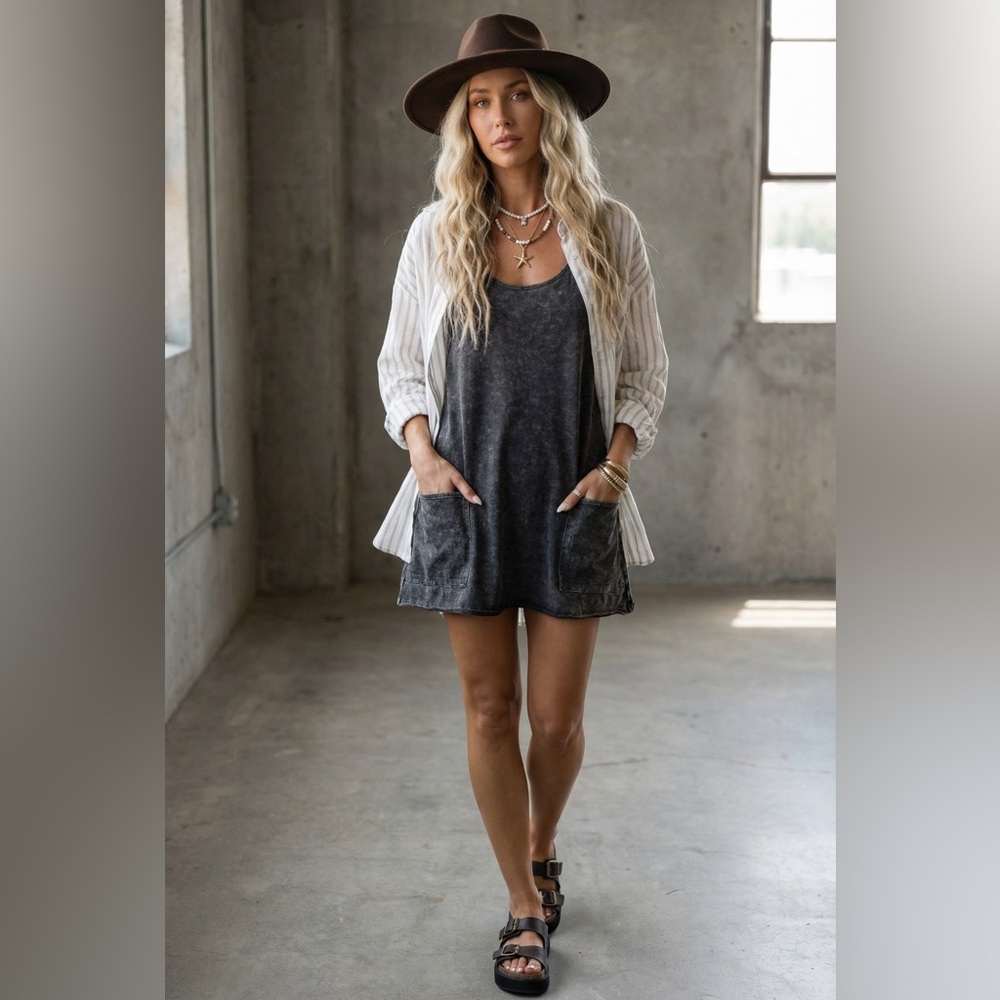 NWT Stone Acid Washed Ash Black Athletic Mini Dress with Built in Romper - Picture 4 of 9